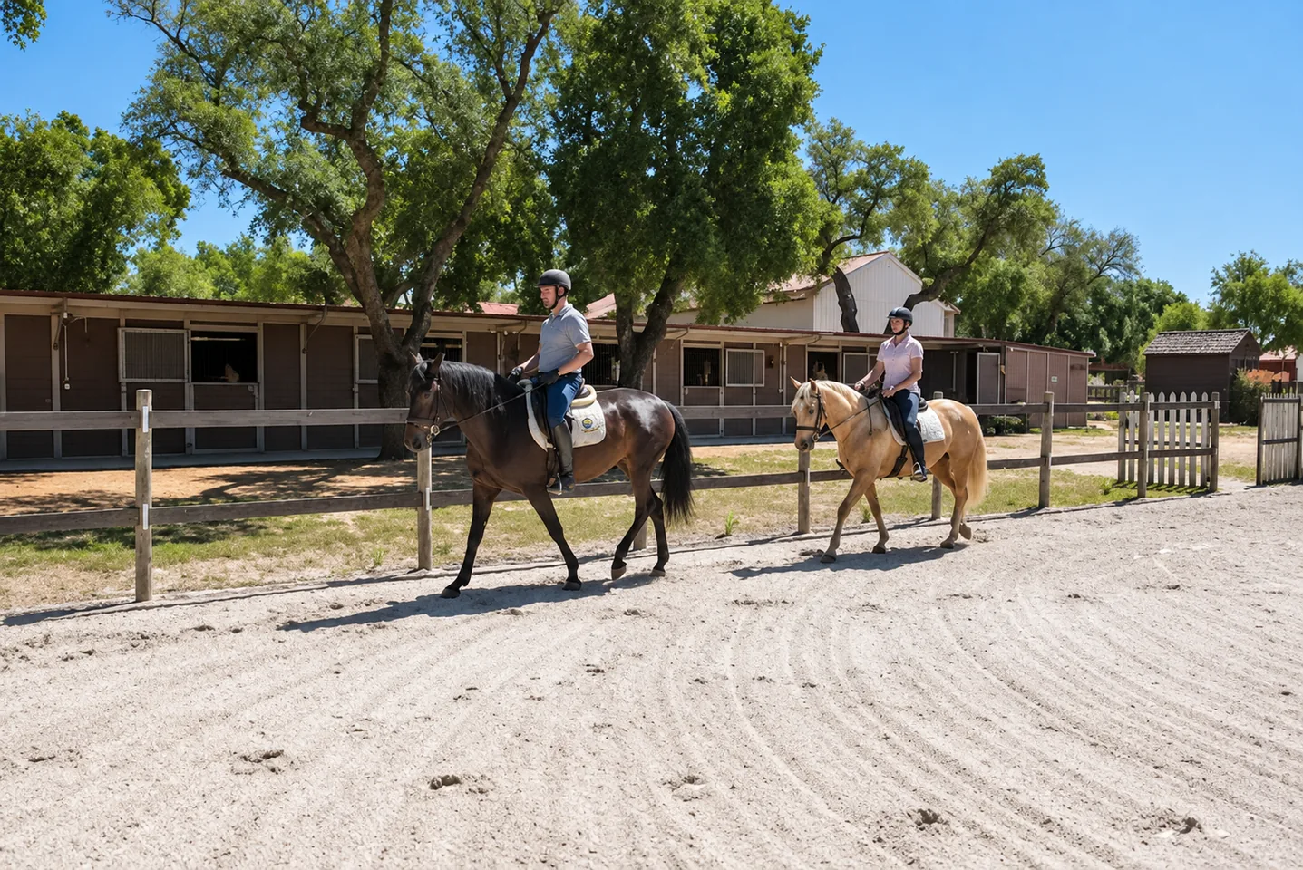 Two riders in the stud farm's outdoor arena